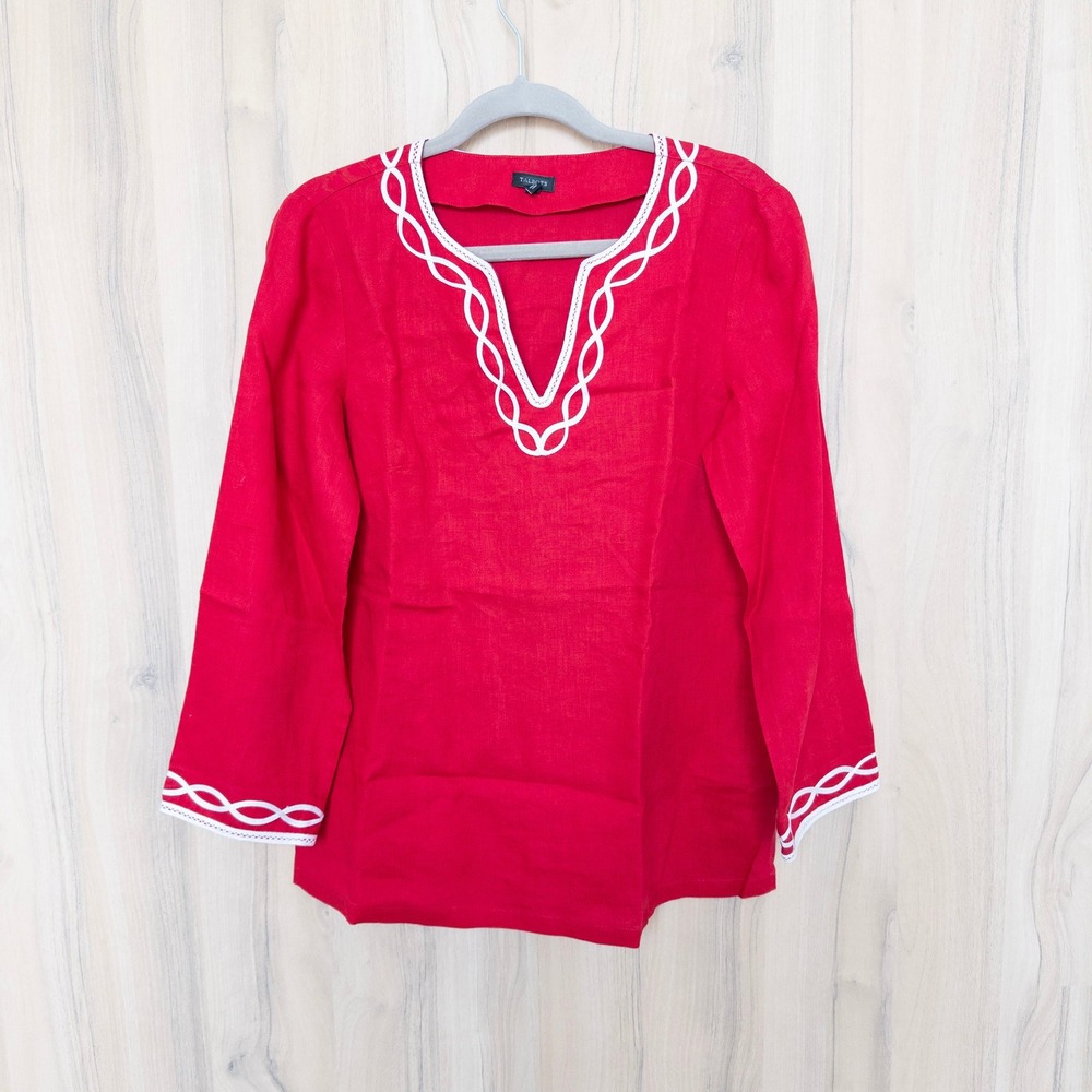 Talbots Womens Linen Tunic Top Size S Red Embroidered 3/4 Sleeve Classic Coastal